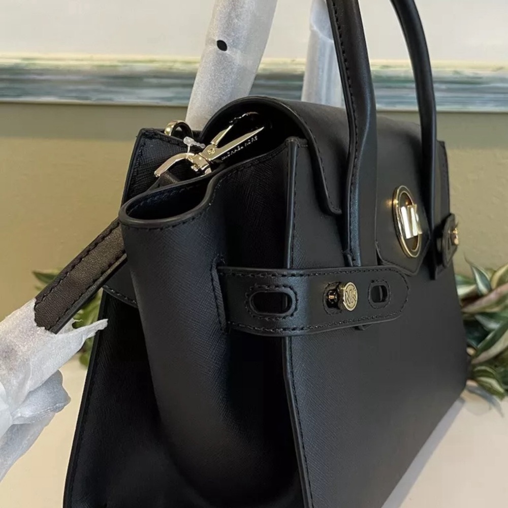 NWT MICHAEL KORS CARMEN MEDIUM FLAP SATCHEL SHOULDER BAG MK BLACK VEGAN LEATHER - Picture 7 of 11